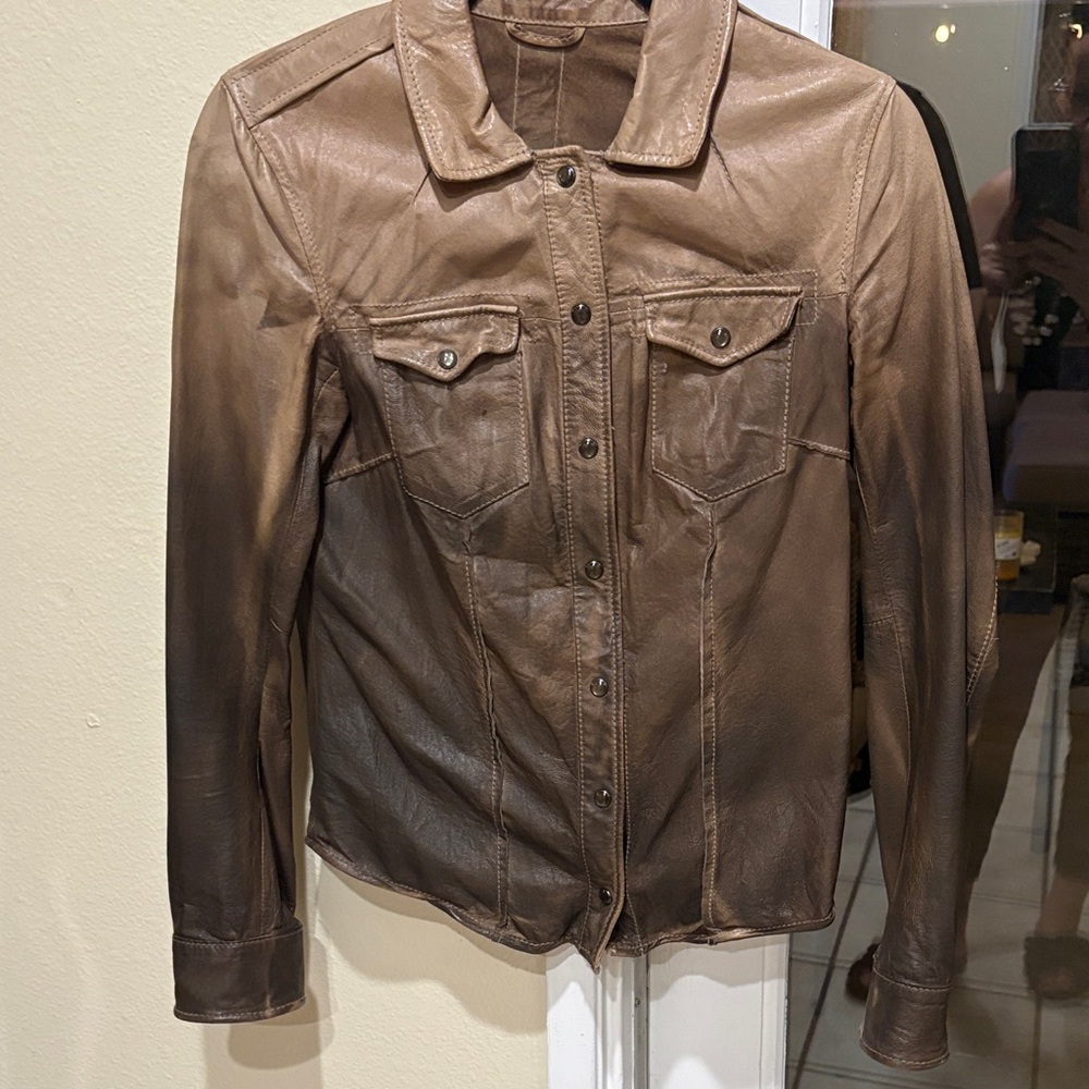 All saints Classic Brown Leather Jacket - shirt Women's Button-Front
